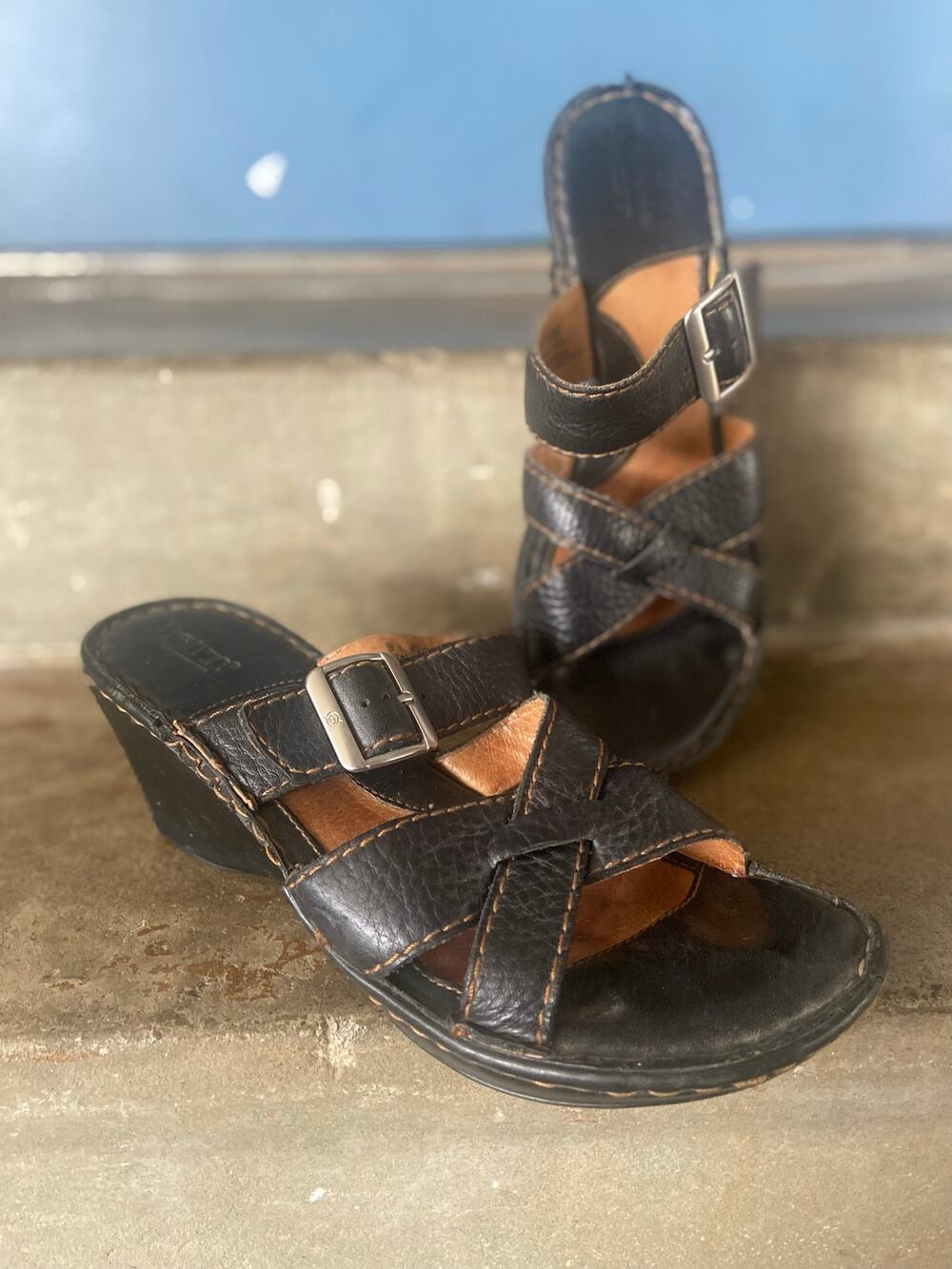 Born black leather criss cross strap wedge slide sandal with adjustable buckle